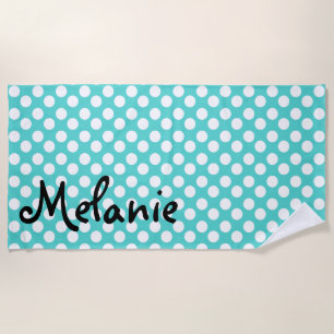 Personalised Teal and White Polka Dot Beach Towel