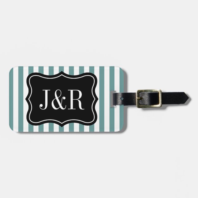 Personalised teal and white striped luggage tag (Front Horizontal)