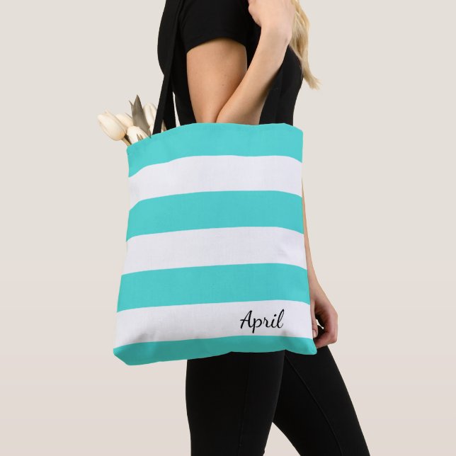 Personalised Teal and White Striped Tote (Close Up)