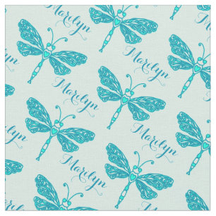 Personalised teal aqua name dragonfly ink pattern fabric