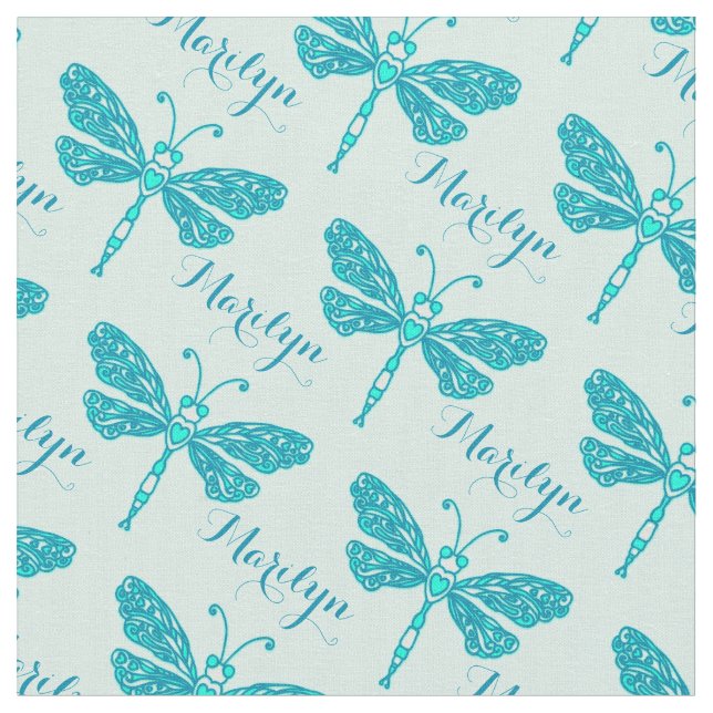 Personalised teal aqua name dragonfly ink pattern fabric (Close Up)
