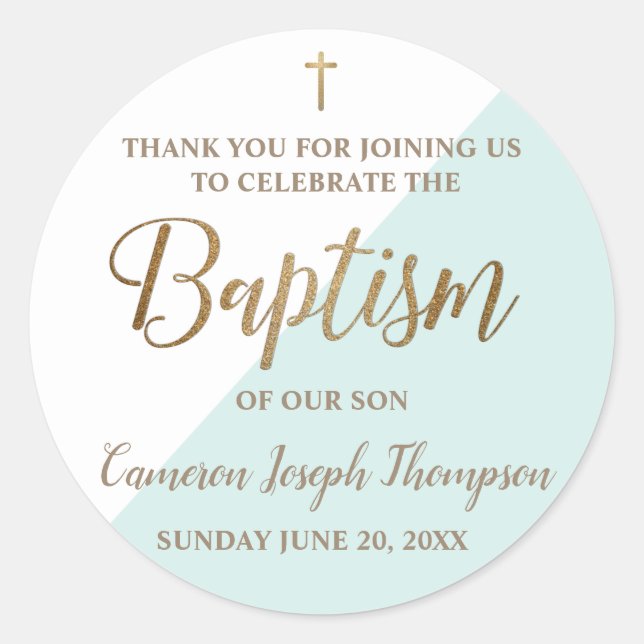 Personalised teal Baby boy baptism thank you  Classic Round Sticker (Front)