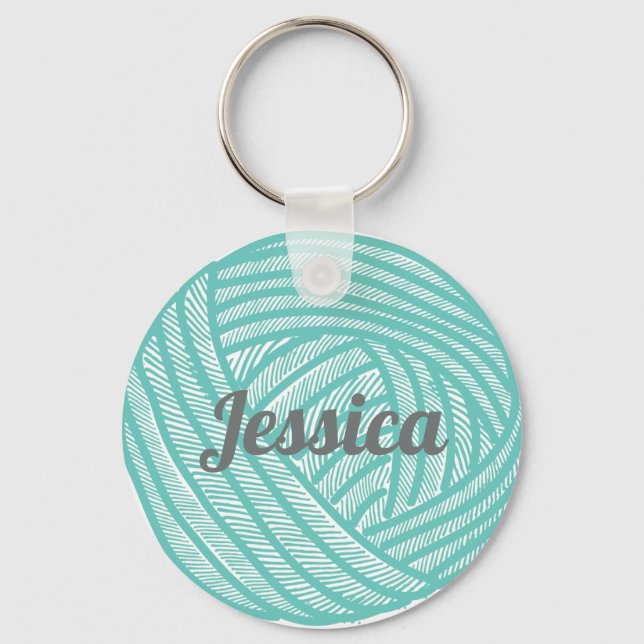 Personalised Teal Ball of Yarn Knitting Key Ring (Front)