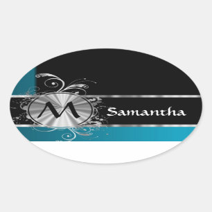 Personalised teal black and silver monogram oval sticker