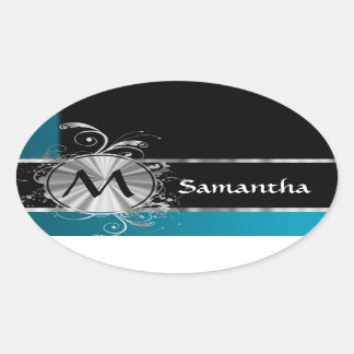 Personalised teal black and silver monogram oval sticker