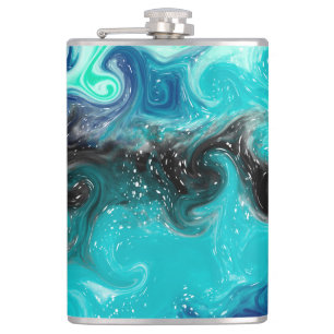 Personalised Teal Blue and Black Fluid Art Marble Hip Flask