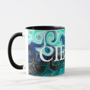 Personalised Teal Blue and Black Fluid Art Marble Mug