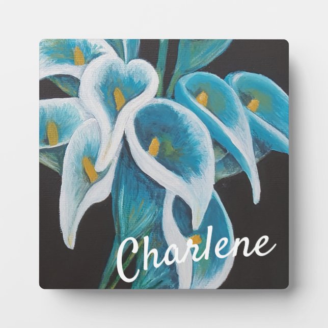 Personalised Teal Blue Flowers Plaque (Front)
