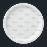 Personalised Teal Blue Green Girly Elegant Name Paper Plate<br><div class="desc">Pretty teal blue green on white girly girl personalised party paper plates.  Perfect for a pastel teal blue green birthday party.</div>