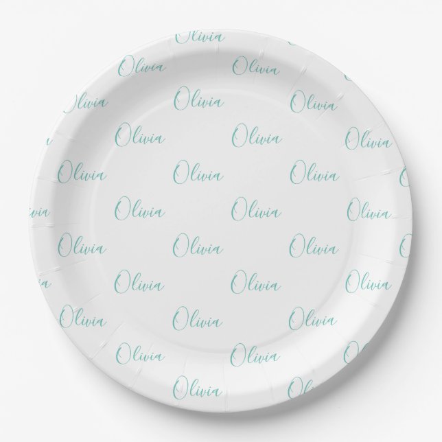 Personalised Teal Blue Green Girly Elegant Name Paper Plate (Front)