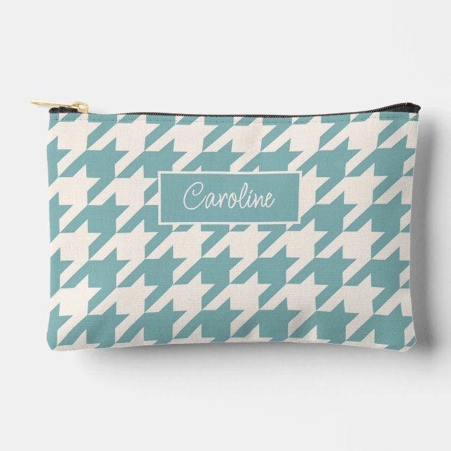 Personalised Teal Blue Green Houndstooth Pattern Accessory Pouch (Front)