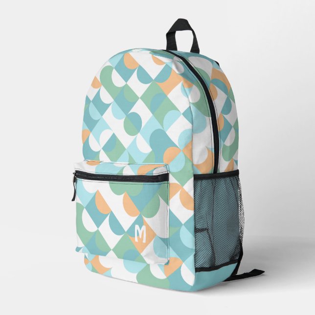 Personalised Teal Blue Green Orange Midcentury Art Printed Backpack (Back Corner Right)
