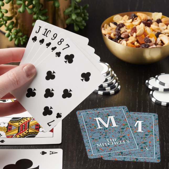 Personalised Teal Blue Green Terrazzo Marble Playing Cards (In Situ)