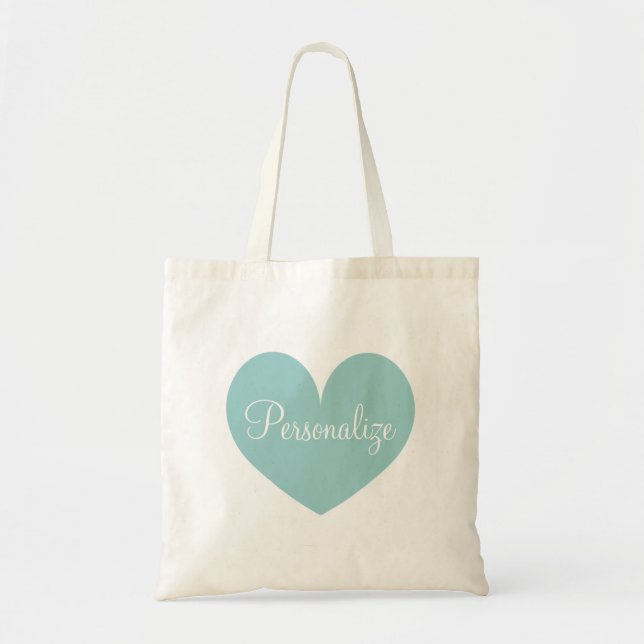 Personalised teal blue love heart shape tote bag (Front)