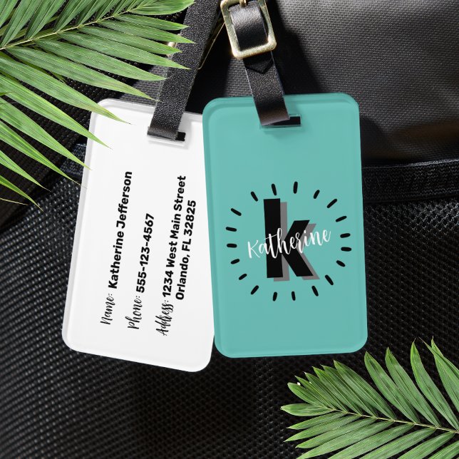 Personalised Teal Blue Monogram Luggage Tag (Chic Simple Turquoise Initial Monogram Luggage Tag)