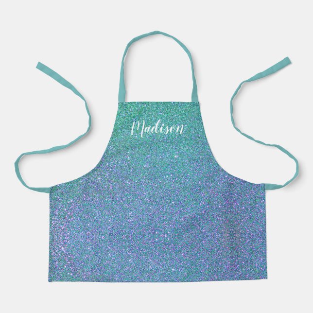 Personalised Teal Blue Ombre Glitter Sparkle Girls Apron (Front)