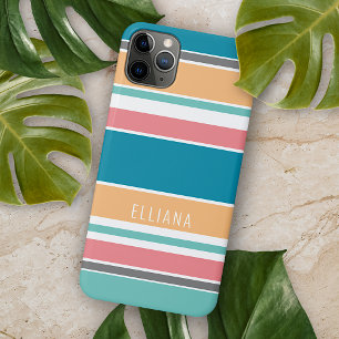Personalised Teal Blue Sunny Yellow Pink Stripes iPhone 11 Pro Max Case