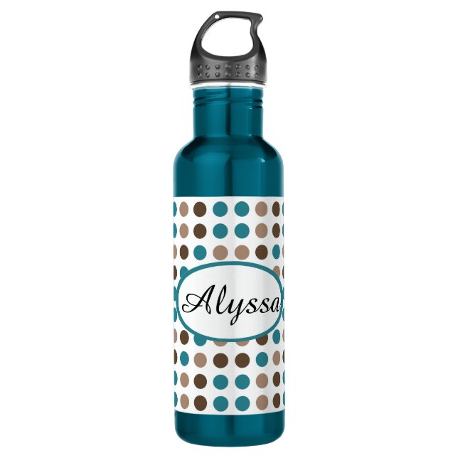 Personalised Teal Brown Polka Dot Water Bottle (Front)