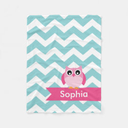 Personalised Teal Chevron Pink Owl Fleece Blanket