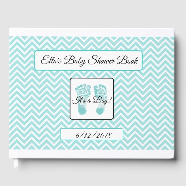 Personalised Teal Chevron Stripes Baby Shower Book (Front)