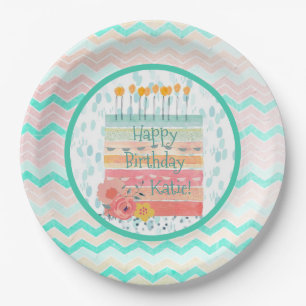 Personalised Teal Coral Birthday Cake Paper Plate