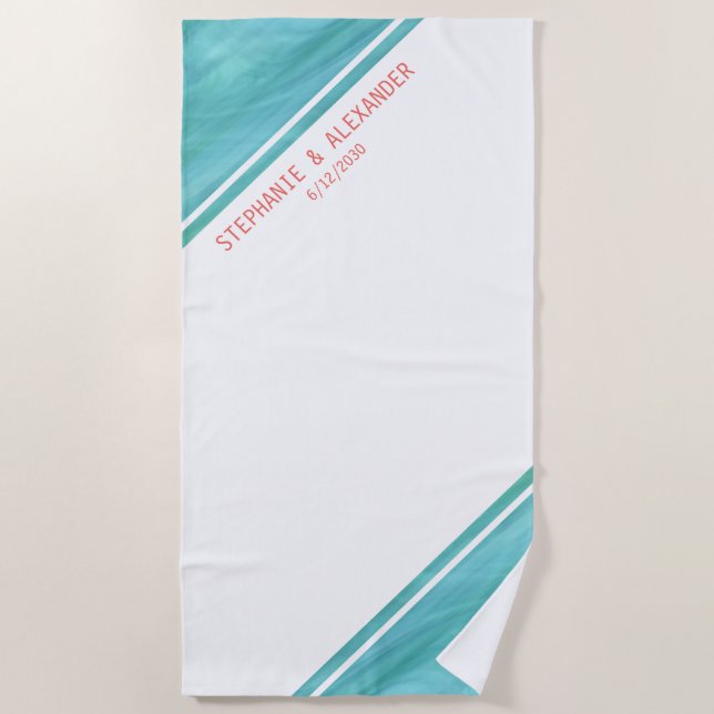 Personalised Teal Coral Wedding Beach Towel (Front)