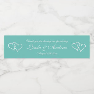 Personalised teal double heart wedding party favou water bottle label