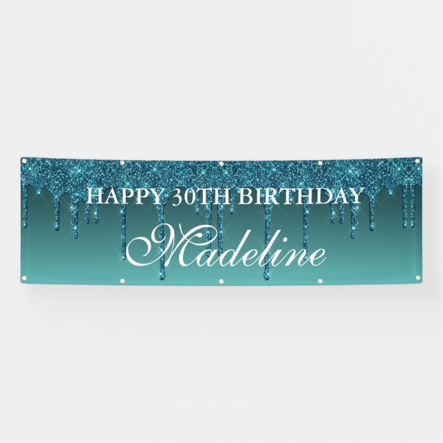 Personalised Teal Dripping Glitter Birthday Banner (Horizontal)