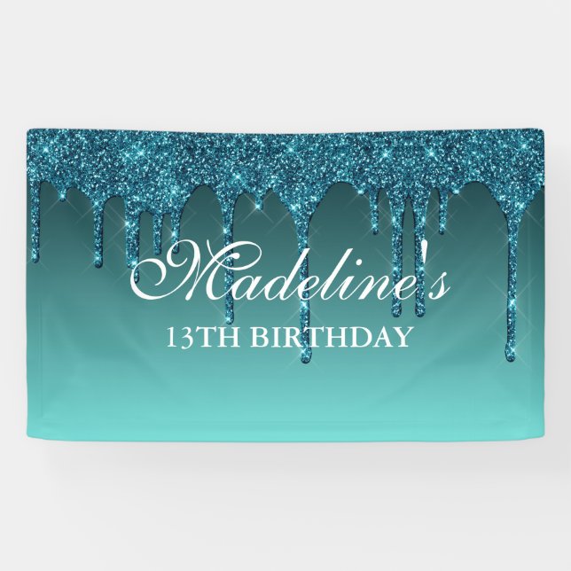 Personalised Teal Dripping Glitter Birthday Banner (Horizontal)