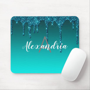 Personalised Teal Dripping Glitter Mouse Mat