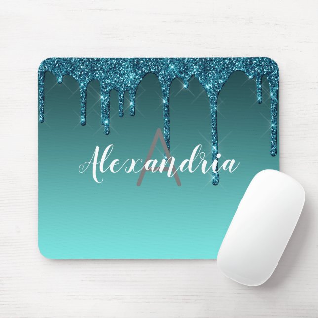 Personalised Teal Dripping Glitter Mouse Mat (With Mouse)