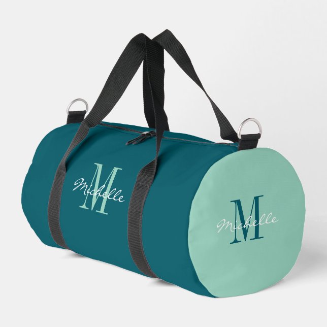 Personalised teal duffle bag with elegant monogram (Left Corner)