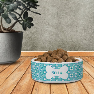 Personalised Teal Gingham with Paw Prints and Bone Bowl