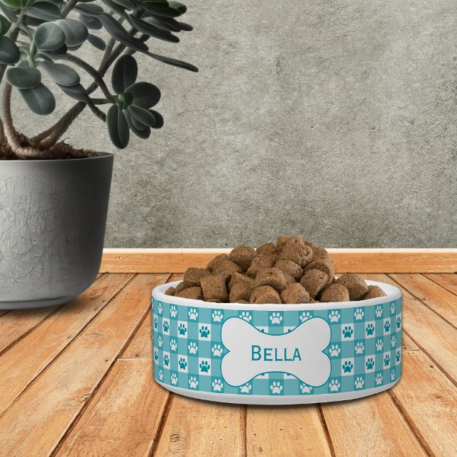 Personalised Teal Gingham with Paw Prints and Bone Bowl (Creator Uploaded)