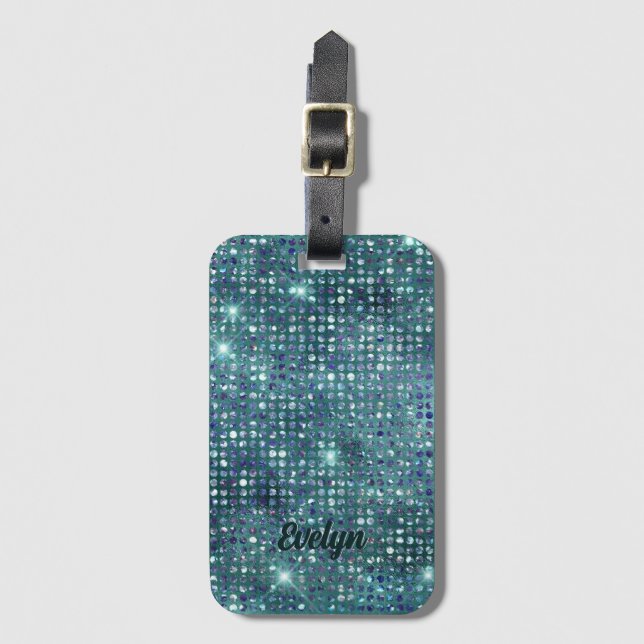 Personalised Teal Glitter Luggage Tag (Front Vertical)