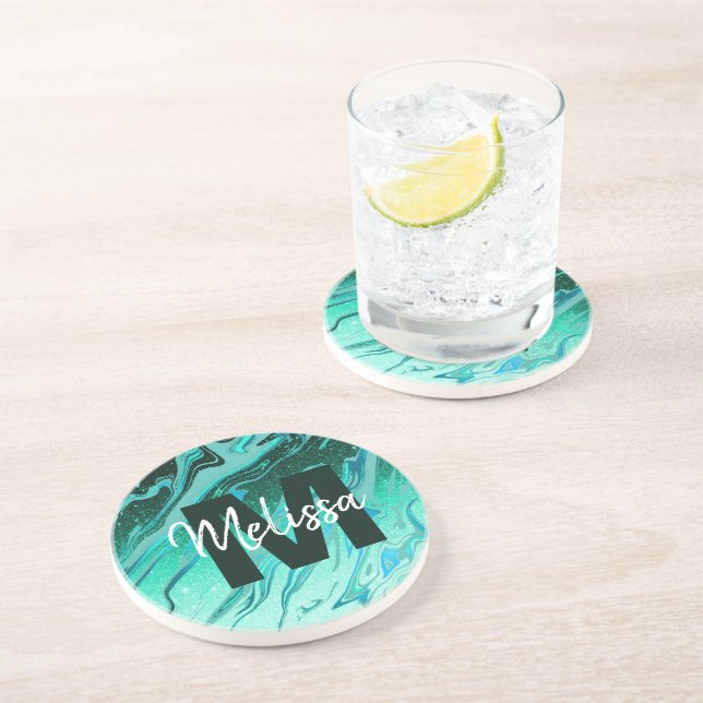 Personalised Teal glitter marble Coaster (Side)