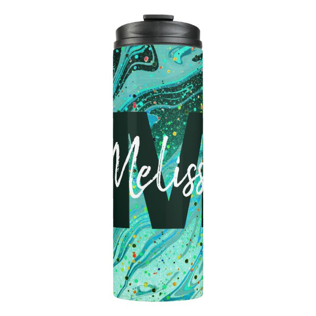 Personalised Teal glitter marble Thermal Tumbler (Front)