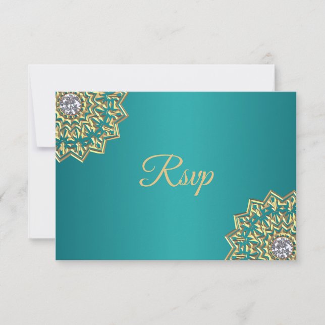 Personalised Teal Gold Indian Mandala RSVP Wedding Card (Front)