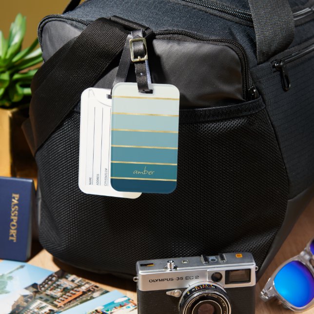 Personalised Teal Gradient Gold Stripes Luggage Tag (Front & Back)