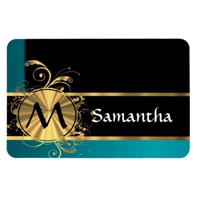 Personalised teal green vintage monogram magnet (Horizontal)