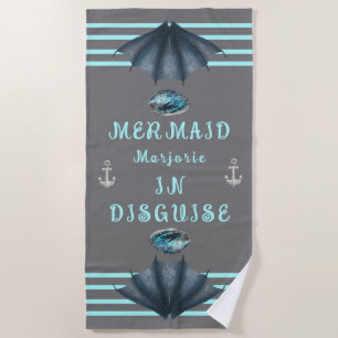 Personalised Teal & Grey Mermaid / Merman Tail Beach Towel
