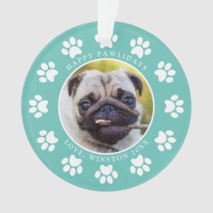 Personalised Teal Happy Pawlidays Dog Photo Ornament