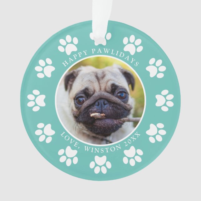 Personalised Teal Happy Pawlidays Dog Photo Ornament (Front)