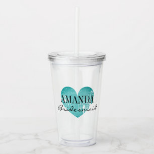 Personalised teal heart bridesmaid party favour acrylic tumbler