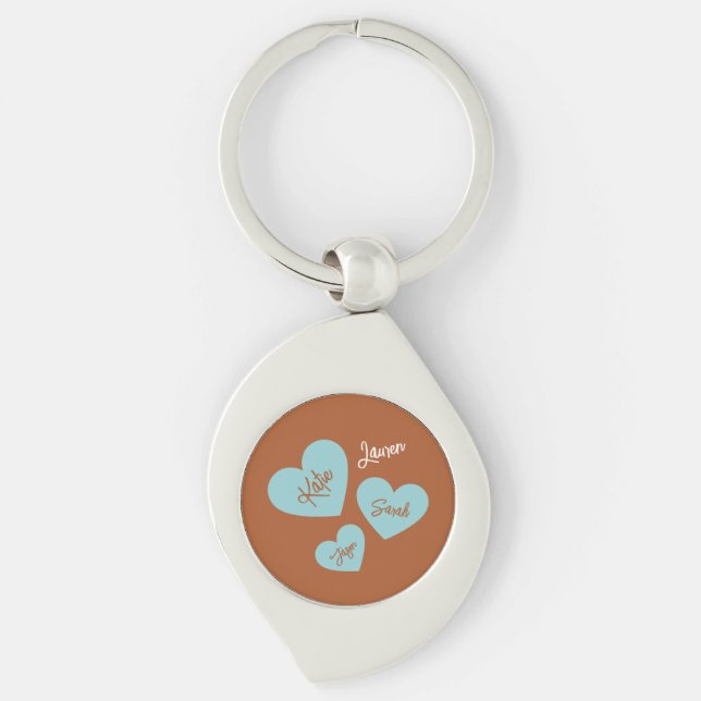 Personalised Teal Hearts Mother & Children Names Key Ring (Front)