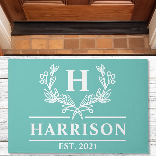 Personalised Teal Laurel Monogram Doormat (Creator Uploaded)