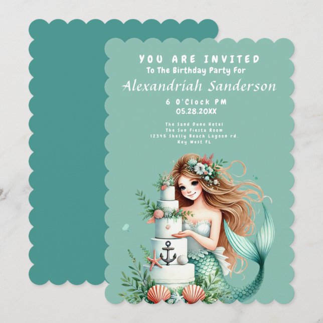 Personalised Teal Mermaid Beach Birthday Invite (Front/Back)