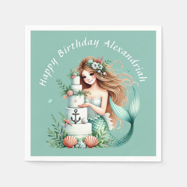 Personalised Teal Mermaid Beach Birthday Invite Napkin (Front)