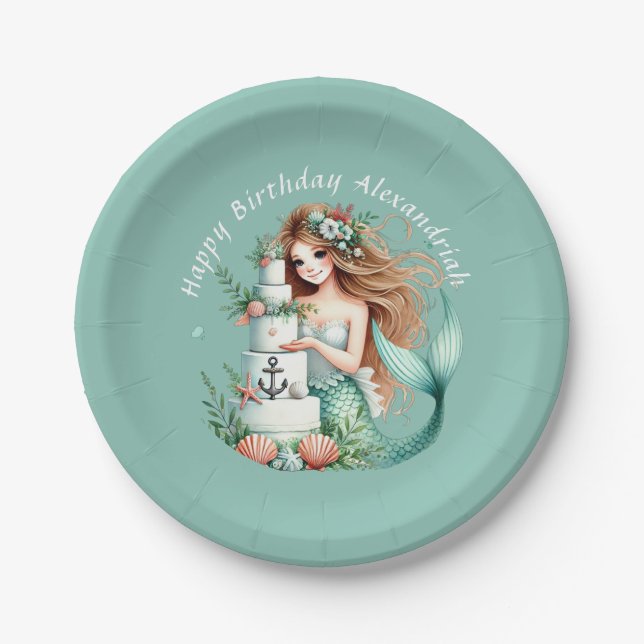 Personalised Teal Mermaid Beach Birthday Invite Paper Plate (Front)