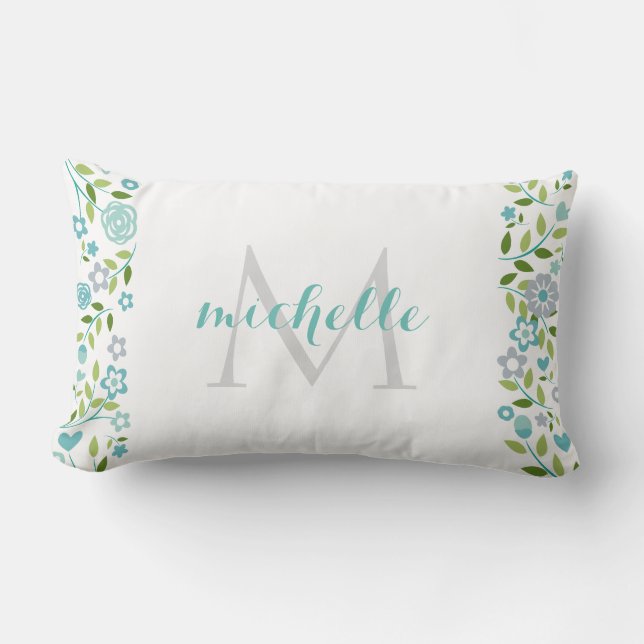 Personalised Teal Mint Floral Monogram Pattern Lumbar Cushion (Front)